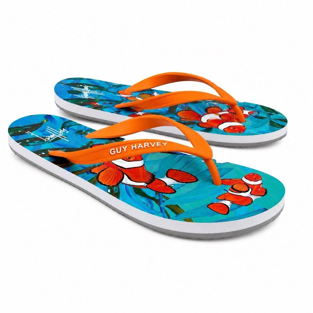 Guy Harvey Flip Flops Womens Size 10 Orange Clownfish Beach Resort Wear Sandals